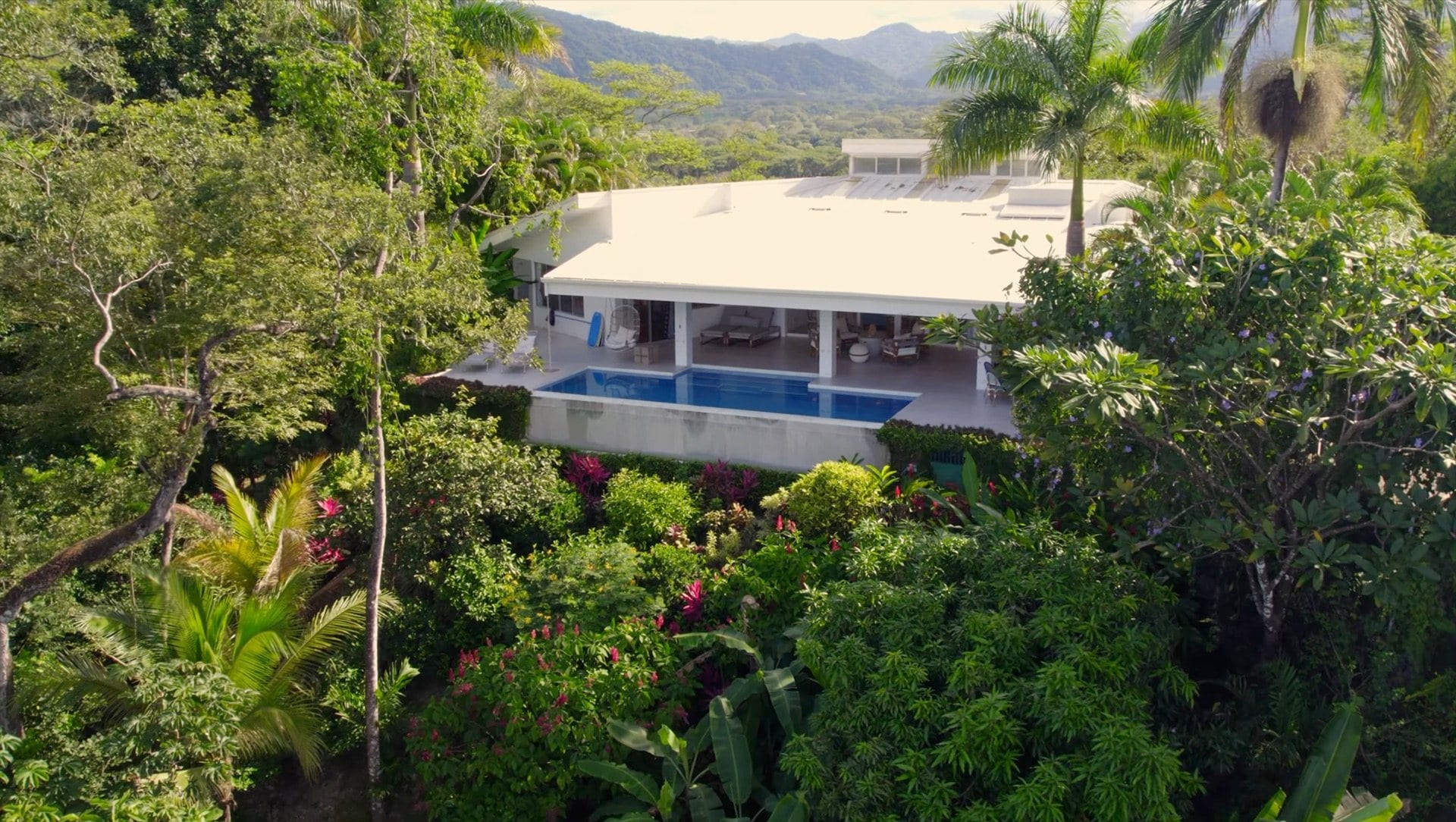 Aerial of the house, pool and grounds in the jungle