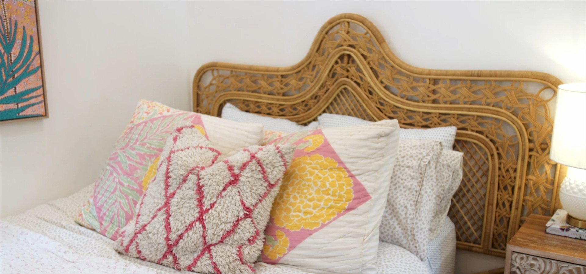 Detail of the bed and rattan headboard