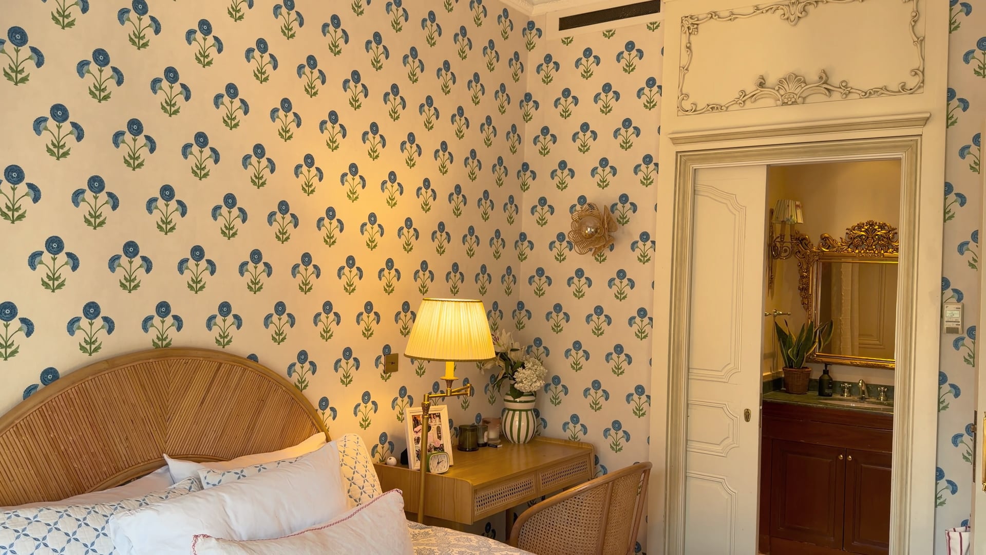 The vanity doorway past the headboard